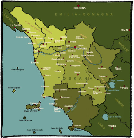 Landkarte der Toskana mit Urlaubsorten